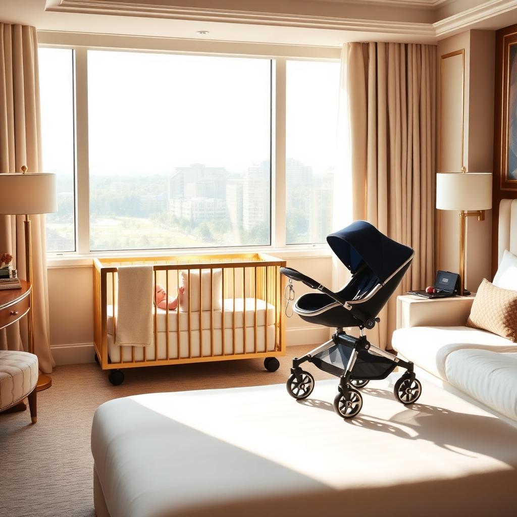 Premium baby crib and stroller in a luxury hotel room