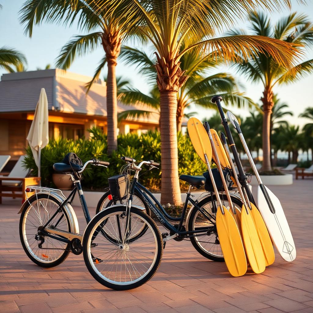 Beach cruiser bikes and paddleboards ready for rental
