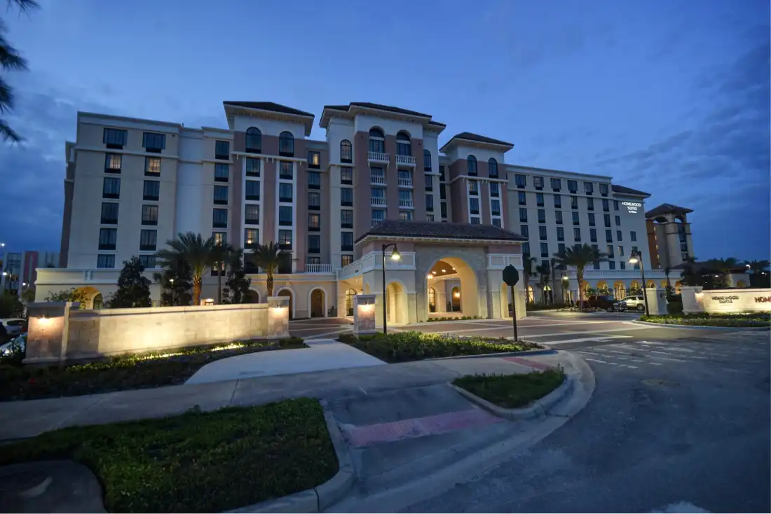 Resort entrance at dusk