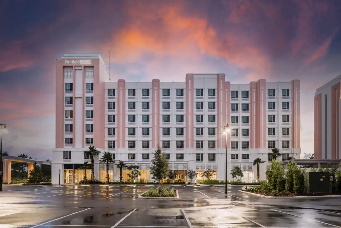 Hotel facade at sunset